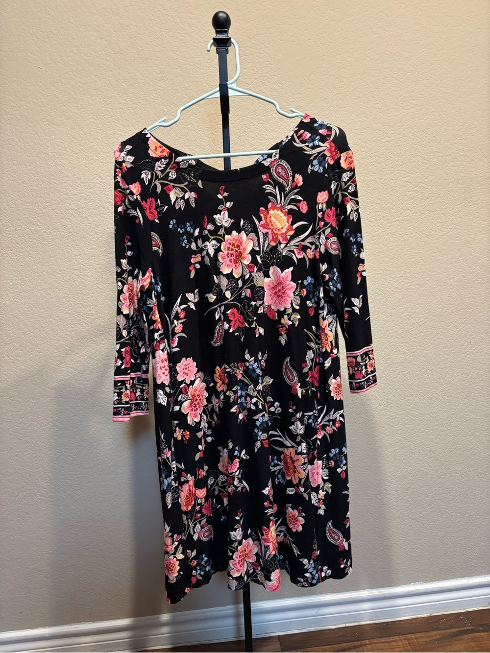 Black Floral Swing Dress with Pink Rose Print